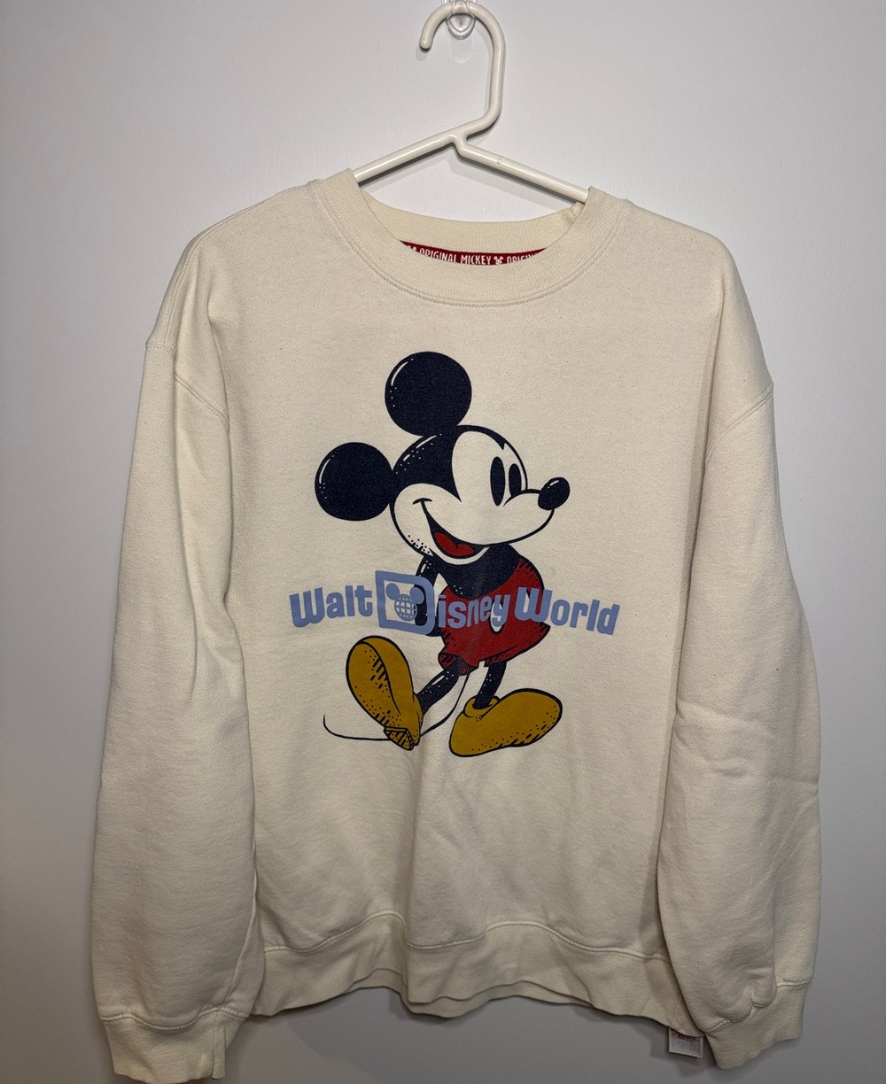 Disney Mickey Mouse Cream Crewneck with Red, Yellow & Blue Graphic